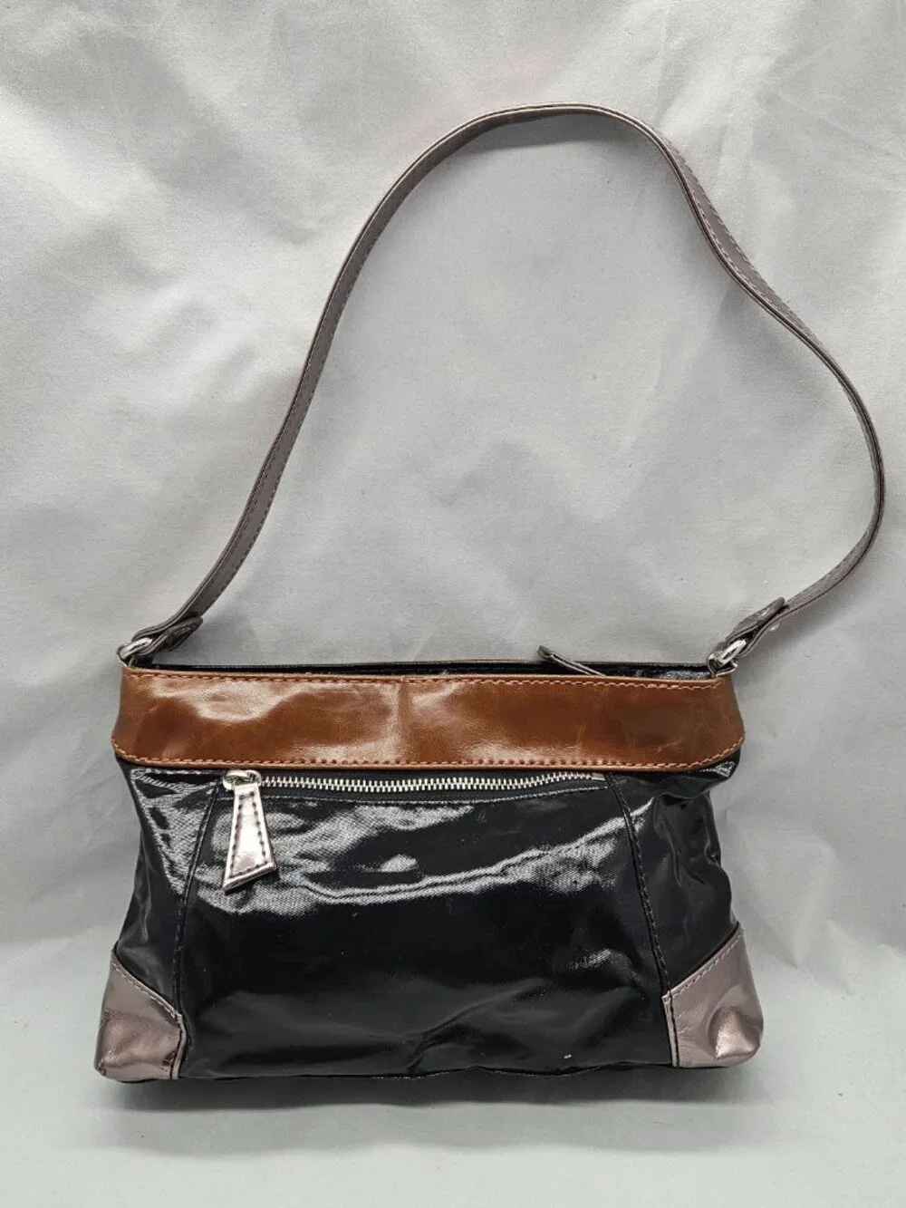 Kate Landry Vinyl Shoulder Bag Black Brown Small Hobo Purse Shiny Y2K 90s